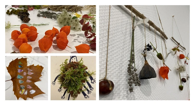 Auf dem Bild ist eine Collage aus herbstlichen Naturmaterialien und selbstbegastelten Mobiles aus Bl&auml;ttern, Bl&uuml;ten usw. zu erkennen.
